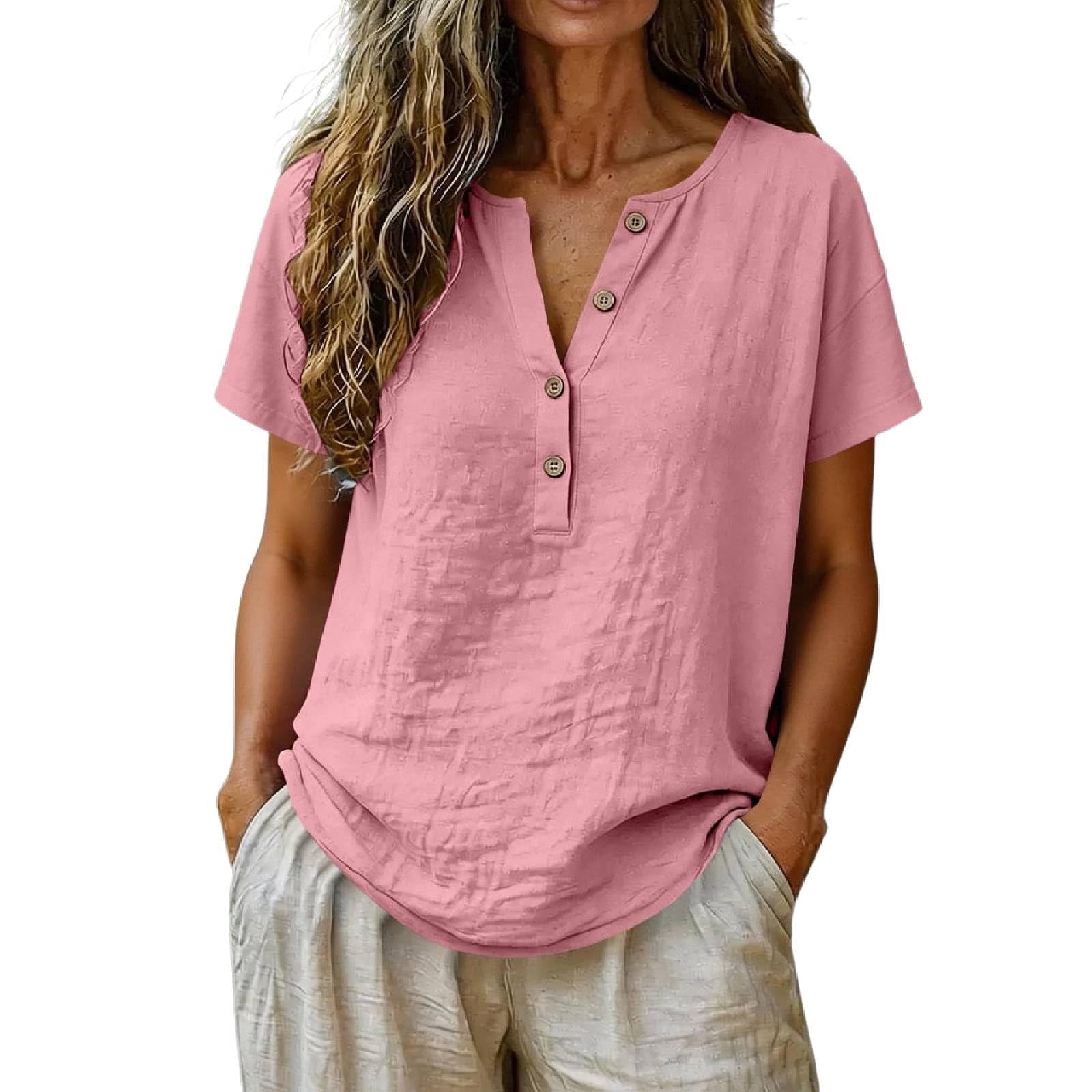 BOMYJESK Linen Shirts for Women V Neck Henley Short Sleeve Dressy ...