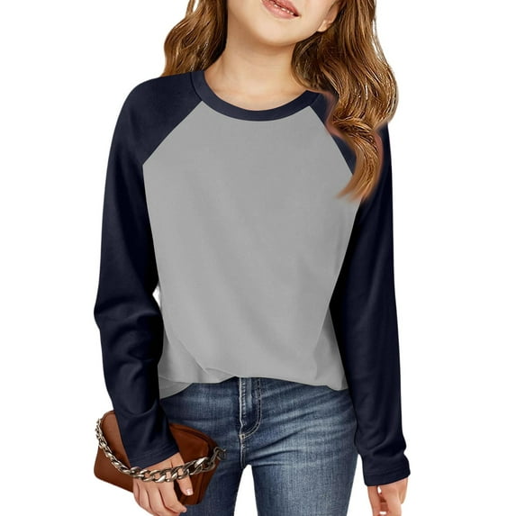 BOMYJESK Long Sleeve Girls T-Shirts Raglan Sleeve Casual Crewneck Blouses Tops Cozy Fall Tee Basic Patchwork T Shirts Top Navy 8-9Y