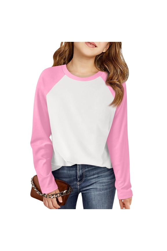 Long Sleeve Girls T-Shirts Raglan Sleeve Casual Crewneck Blouses Tops Cozy Fall Tee Loose Patchwork T Shirts Top Pink 9-10Y