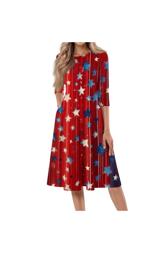 Maxi Dresses for Women American Flag Floral Beach Long Dresses Boho Independence Day 4th Of July Summer Dresses Casual Evening Dress for Party Red L