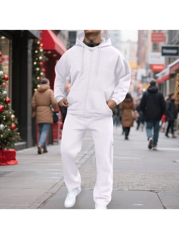 Men Sweatsuits Sets Athletic Jogging Sweatsuit Sets Long Sleeve Matching Sets Outfits with Pockets White 3XL