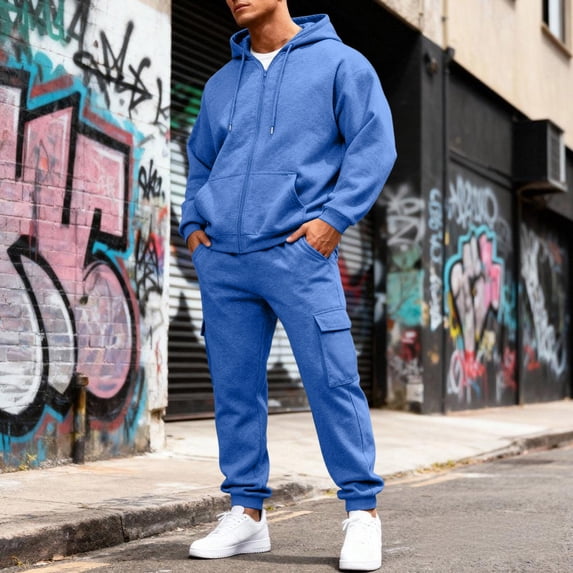 BOMYJESK Mens 2 Piece Jacquard Sweatsuit Outfits Casual Athletic Warm Up Sweatsuits Long Sleeve Pullover Waistband Sweatsuit with Pockets Blue 2XL