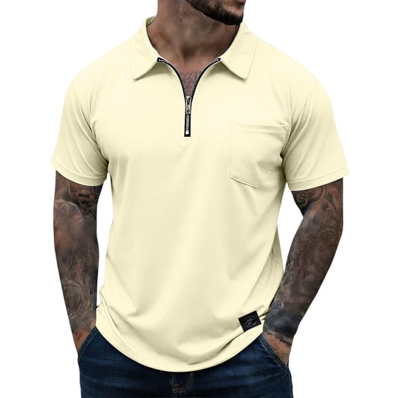 BOMYJESK Mens Polo Shirts Short Sleeve Collared Zip Golf Shirt Fashion Casual Polo Shirts Summer Regular-Fit Tops with Pocket Beige L