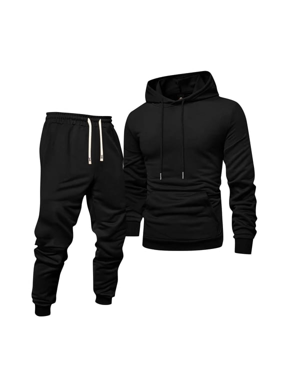 Mens Sweat Suits 2 Piece Set Big&tall Hooded Sweatshirts and Sweatpant Sets Autumn Winter Running Sweatsuits Elastic Waist Fashion Sport Suit Sets Black 3XL