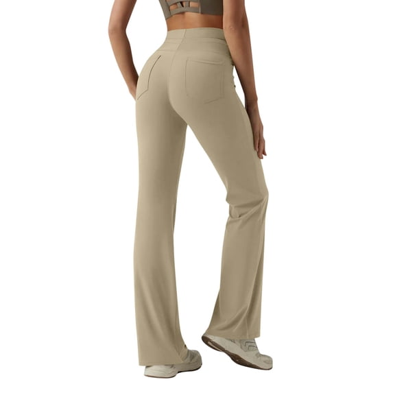 BOMYJESK Mini Flared Leggings for Women Yoga Pants with Pocket High Waist Bootcut Pants Tummy Control Casual Workout Bell Bottom Leggings Khaki S