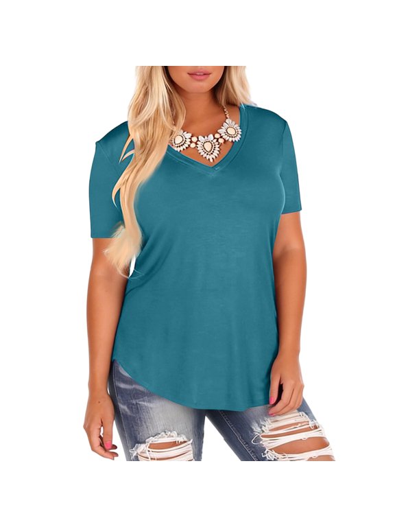 Plus Size Tops for Women Short Sleeve V Neck Casual Shirt Trendy Loose Blouses Summer Solf Tunic Top Blue L