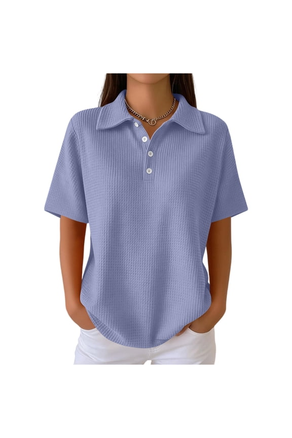 Polo Shirts for Women Short Sleeve Waffle Knit Polos Tshirts Collared Button Up Tops Dressy Casual Loose Athletic Tunics Tees Light Purple 3XL