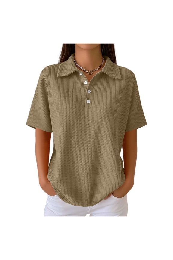 Polo Shirts for Women Short Sleeve Waffle Knit Polos Tshirts Collared Button Down Tops Business Casual Loose Pullover Basic Tees Khaki 2XL