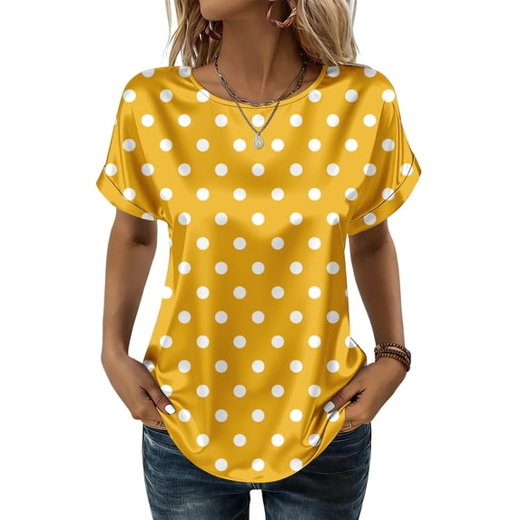 BOMYJESK Shirts for Women Round Neck Short Sleeve Stain Tee Tops Business Casual Fashion polka dot Blouse 2026 Summer Loose Fit Basic Tees Top Yellow M