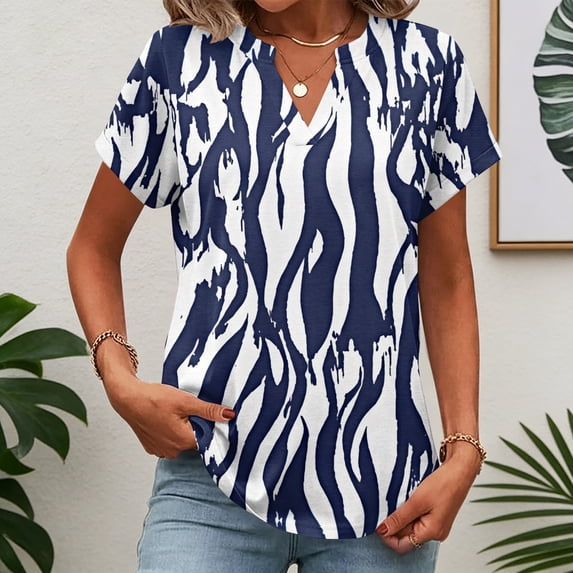 BOMYJESK Shirts for Women Short Sleeve Business Casual Basic Tops Color Block V Neck Fashion Blouses 2026 Spring Going Out Loose Fit Clothes Dark Blue M