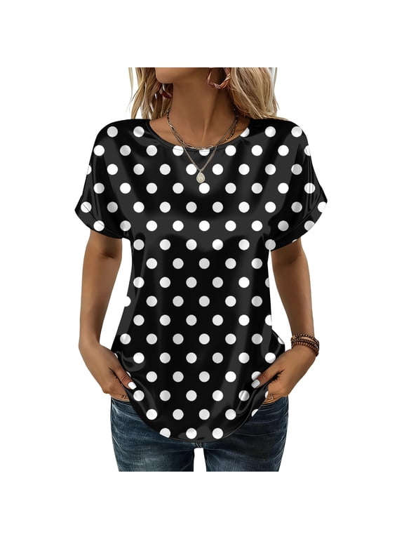 Shirts for Women Crew Neck Short Sleeve Stain Tee Tops Dressy Casual Trendy polka dot Blouses Summer Curved Hem Tunic Top Black XXL