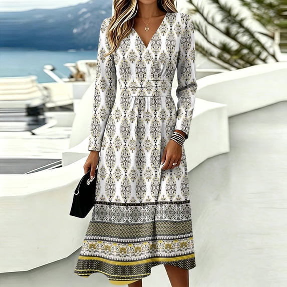 BOMYJESK Summer Dress Smocked Flowy Wrap Crossover V Neck Midi Dresses Vintage Elegant Fall Dress Light Green S