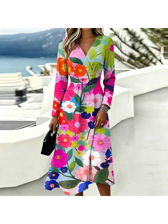 Summer Dresses Long Sleeve Spring Midi Dress Flowy Ruched Elegant Formal Work Dresses Green 2XL