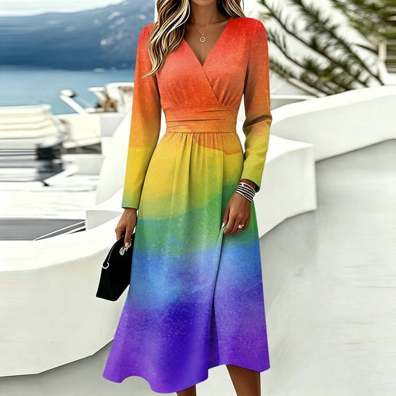 BOMYJESK Summer Dresses Ruffle Hem Swing Fall Midi Dresses Ruched Flowy Casual Vacation Dress Yellow M