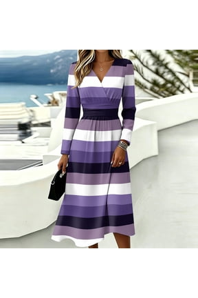 Summer Dresses Slim Fit Sexy V Neck Midi Dress Pleated Formal Spring Work Dresses Purple M
