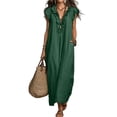 thumbnail image 1 of BOMYJESK Summer Dresses for Women V Neck Ruffle Sleeve Maxi Dresses Casual Linen Dress Beach Vacation Outfits with Side Pockets Dark Green M, 1 of 5