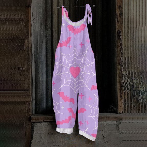 BOMYJESK Summer Halloween Costumes Jumpsuit for Women Cartoon Pumpkin One Piece Sleeveless Rompers Overalls Loose 2026 Hippie Spaghetti Strap Rompers Dark Purple M