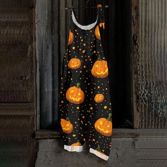 BOMYJESK Summer Halloween Costumes Jumpsuit for Women Spooky Pumpkin Adjustable Strap Rompers Pants Loose 2026 Hippie Overalls Black S