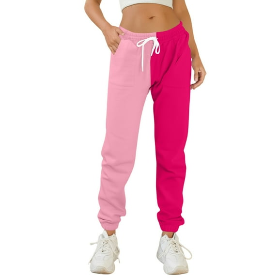 BOMYJESK Sweatpants for Women Casual Color Block High Waisted Pants Fall Winter Trendy Drawstring Sweatpants Athletic Joggers Light Weight Activewear Hot Pink S