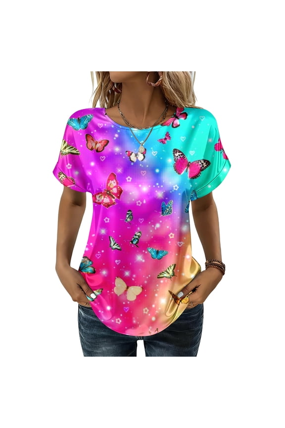 T Shirts for Women Crewneck Short Sleeve Stain Silk Workout Tops Business Casual Fashion Butterfly Prints Blouse Summer Loose Basic Tees Top Purple L
