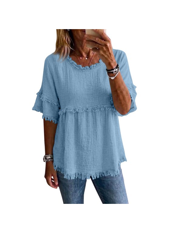 Tops for Women Short Sleeve Cotton Linen Tops Fashion Raw Hem Beach Summer Tops Loose FitCrew Neck Pullover Light Blue X-Large