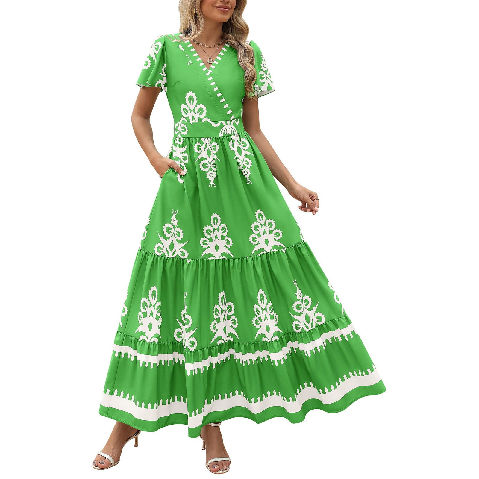 Women's Floral Wrap Dress - V-Neck, 3/4 Sleeve, A-Line Midi Swing Dress With Tie Waist (95% Polyester, 5% Elastane)