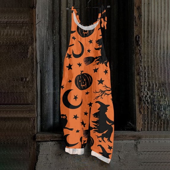 BOMYJESK Women Halloween Jumpsuits Jack O Lantern Sleeveless Overall Jumpsuit Boho Baggy Overalls Orange L