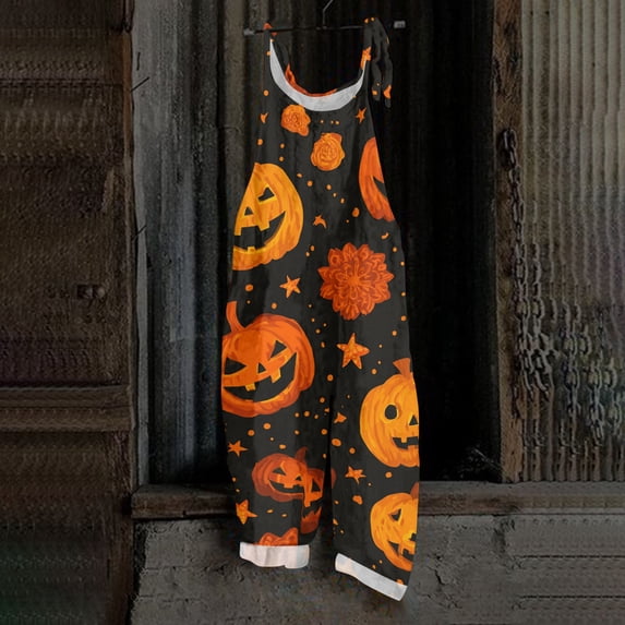 BOMYJESK Women Halloween Jumpsuits Pumpkin Print One Piece Sleeveless Rompers Overalls Loose 2026 Hippie Spaghetti Strap Rompers Orange L