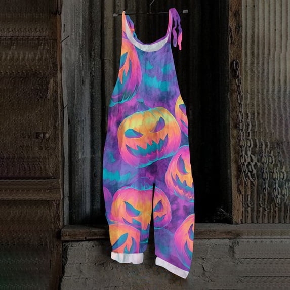 BOMYJESK Women Halloween Jumpsuits Pumpkin Print One Piece Sleeveless Rompers Pants Funny Loose Spaghetti Strap Rompers Purple M