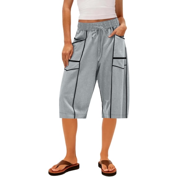 BOMYJESK Women Shorts High Waist Drawstring Knee Length Long Shorts Casual Loose Fit Sweatshorts Summer Gym Lounge Sports with Pockets Light Gray XL