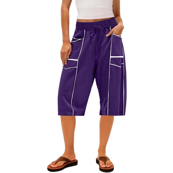 BOMYJESK Women Shorts High Waisted Drawstring Knee Length Bermuda Shorts Casual Loose Sweat Shorts 2026 Summer Gym Shorts with Pocket Purple S
