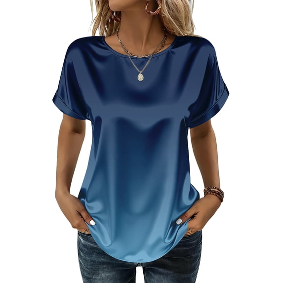 BOMYJESK Women Tops Short Sleeve Round Neck Gradient Tee Shirts Business Casual Work Silk Blouses 2026 Summer Curved Hem Tunic Top Royal Blue XL