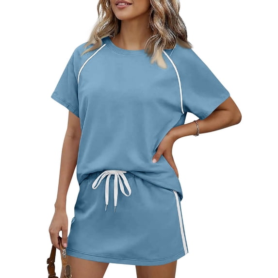 BOMYJESK Women's 2026 Summer 2 Piece Skirt Sets Casual Color Block Short Sleeve T-Shirt Loose Wide Leg Skort Workout Matching Lounge Sets Spring Blue XL