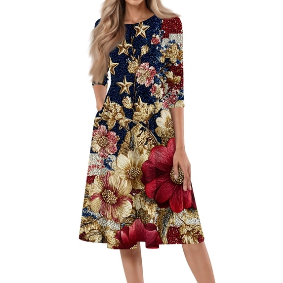 BOMYJESK Women's 250th Anniversary USA Flag Floral Maxi Dress Patriotic American Flag Vintage Independence Day Summer Dresses 4th July Beach Long Dresses Casual Evening Dress for Party Gold L