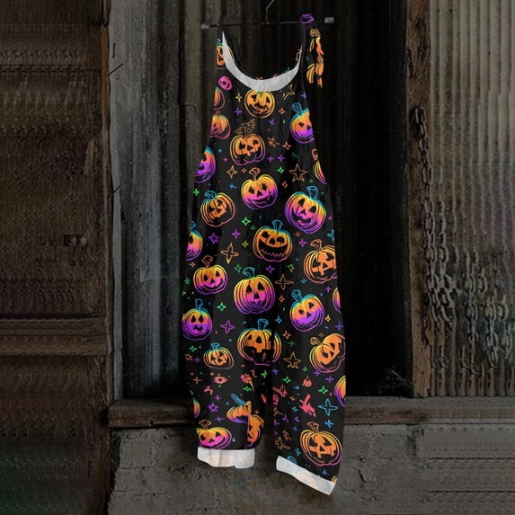 BOMYJESK Women's Halloween Jumpsuits Bat Pumpkin Ghost Adjustable Strap Overall Jumpsuit 2026 Hippie Loose Spaghetti Strap Rompers Multicolor XL