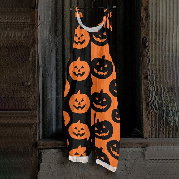 BOMYJESK Women's Halloween Jumpsuits Pumpkin Print One Piece Sleeveless Rompers Overalls 2026 Hippie Baggy Spaghetti Strap Rompers Orange XL