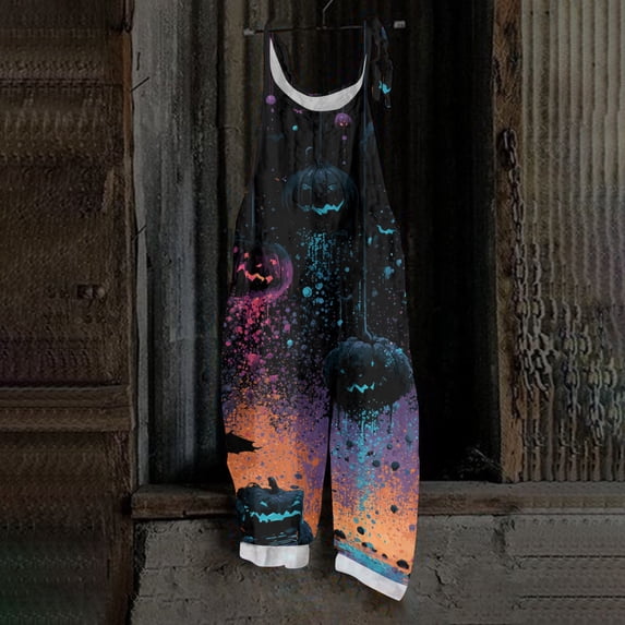 BOMYJESK Women's Halloween Jumpsuits Pumpkin Print One Piece Sleeveless Rompers Pants 2026 Fall Baggy Spaghetti Strap Rompers Multicolor M