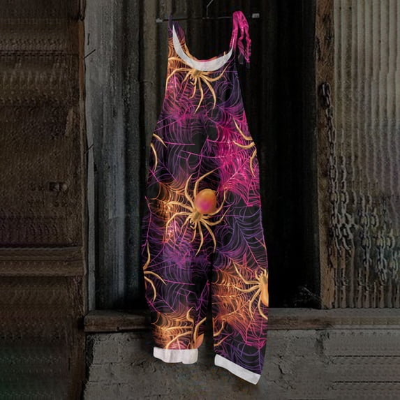 BOMYJESK Women's Halloween Jumpsuits Spooky Pumpkin Sleeveless Overall Jumpsuit Loose 2026 Hippie Spaghetti Strap Rompers Hot Pink XL
