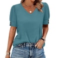 thumbnail image 1 of BOMYJESK Women's Shirt Short Sleeve Button V Neck Casual Work Shirts Spring Fashion Vacation Pullover Basic Blouses Loose Athletic Tees Tops Blue S, 1 of 4