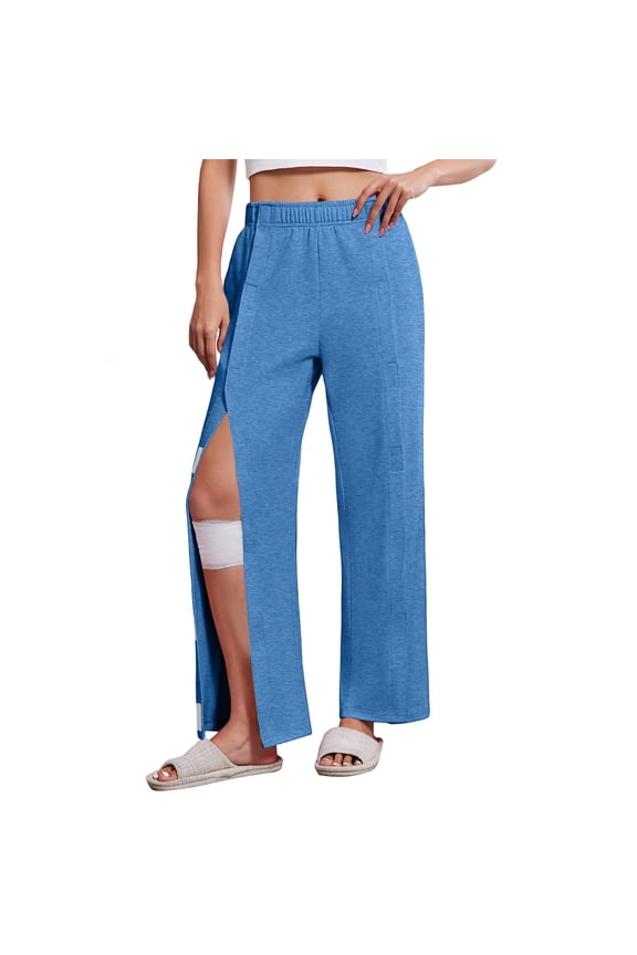 Women's Tear Away Pants Side Split Open Bottom Sweatpants Magic Tape Breakaway Pant Loose Fit Casual Easy Access Adaptive Clothing with Pockets Blue M