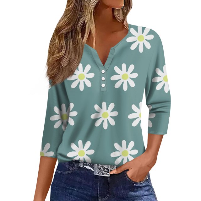 BOMYJESK Womens 3/4 Sleeve Summer Tops Henley V Neck Shirts Floral