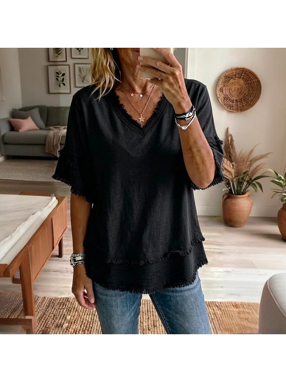 Womens Boho Tops Raw Hem Beach Gauze Tops Fashion Short Sleeve Cotton Linen Top Loose V Neck Pullover Black Large