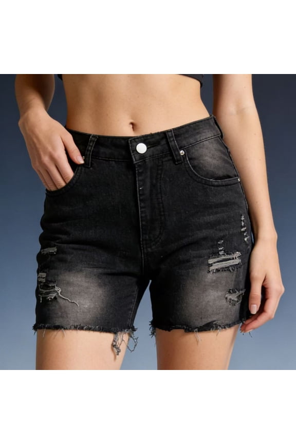 Womens Jean Shorts Mid Rise Casual Denim Shorts Ripped Distressed Trendy Pull on Jorts Frayed Raw Hem Summer Cutoff Jorts with Pockets Black XXL