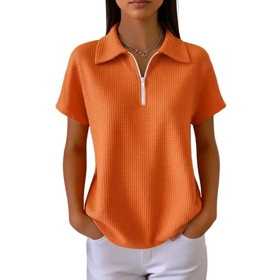 BOMYJESK Womens Plus Size Tops Short Sleeve Golf Polo Shirts Business Casual Collared Waffle Knit Tops Loose 1/4 Zipper T Shirts 2026 Summer Workout Blouses Outfits Saffron 3XL