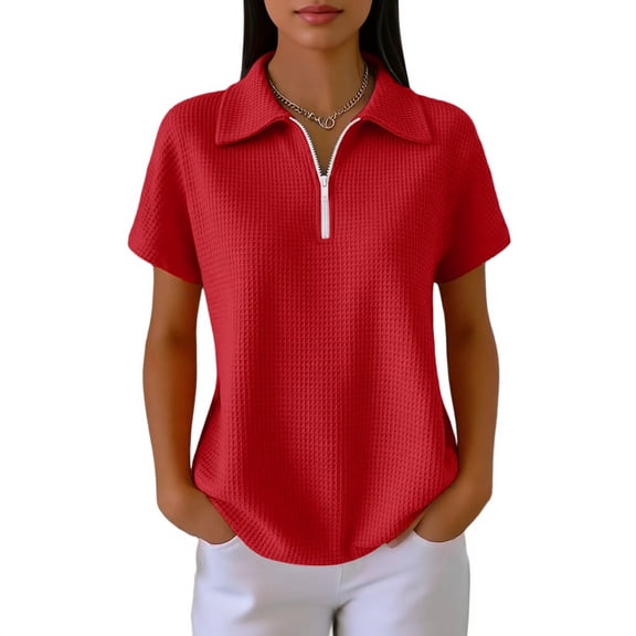 BOMYJESK Womens Plus Size Tops Short Sleeve Golf Polo Shirts Lightweigh Business Casual Waffle Knit Tops Loose 1/4 Zipper T Shirts 2026 Summer Hiking Blouses Outfits Red 3XL