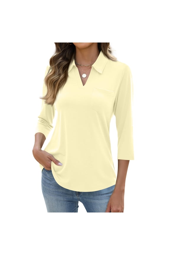 Womens Polo Shirts 3/4 Sleeve Collared Tops V neck Tennis Golf Shirt Casual Work Athletic Tees Tops Summer Oversized Activewear With pocket Beige L