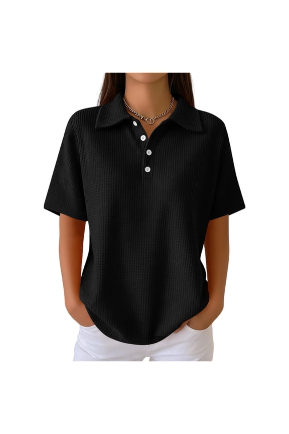 Womens Polo Shirts Short Sleeve Waffle Knit Golf Shirt Collared Button Down Tops Business Casual Work Loose Pullover Basic Tees Black M