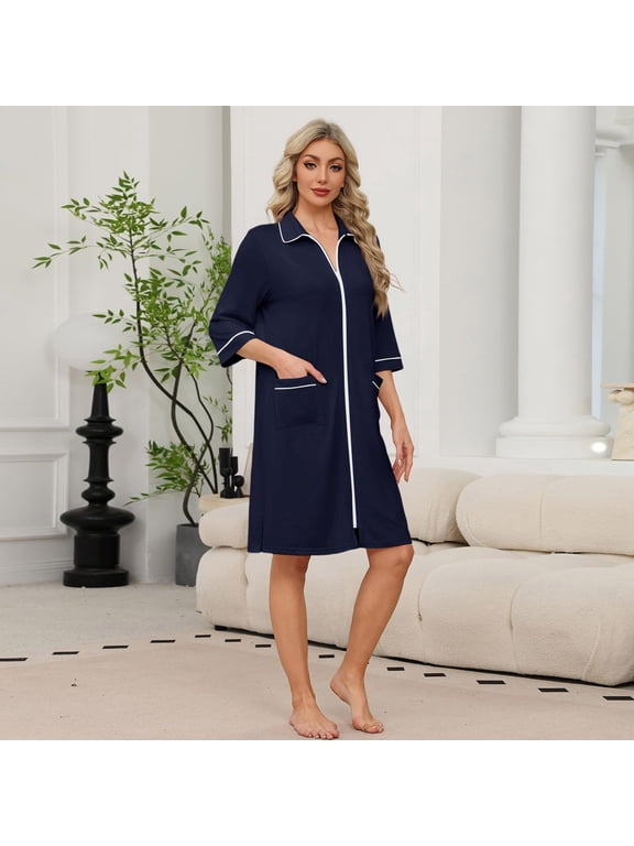 Womens Robes 3/4 Sleeve Zip Front House Coat Knee Length Lightweight Bathrobe Duster House Dress with Pockets Dark Blue 2XL