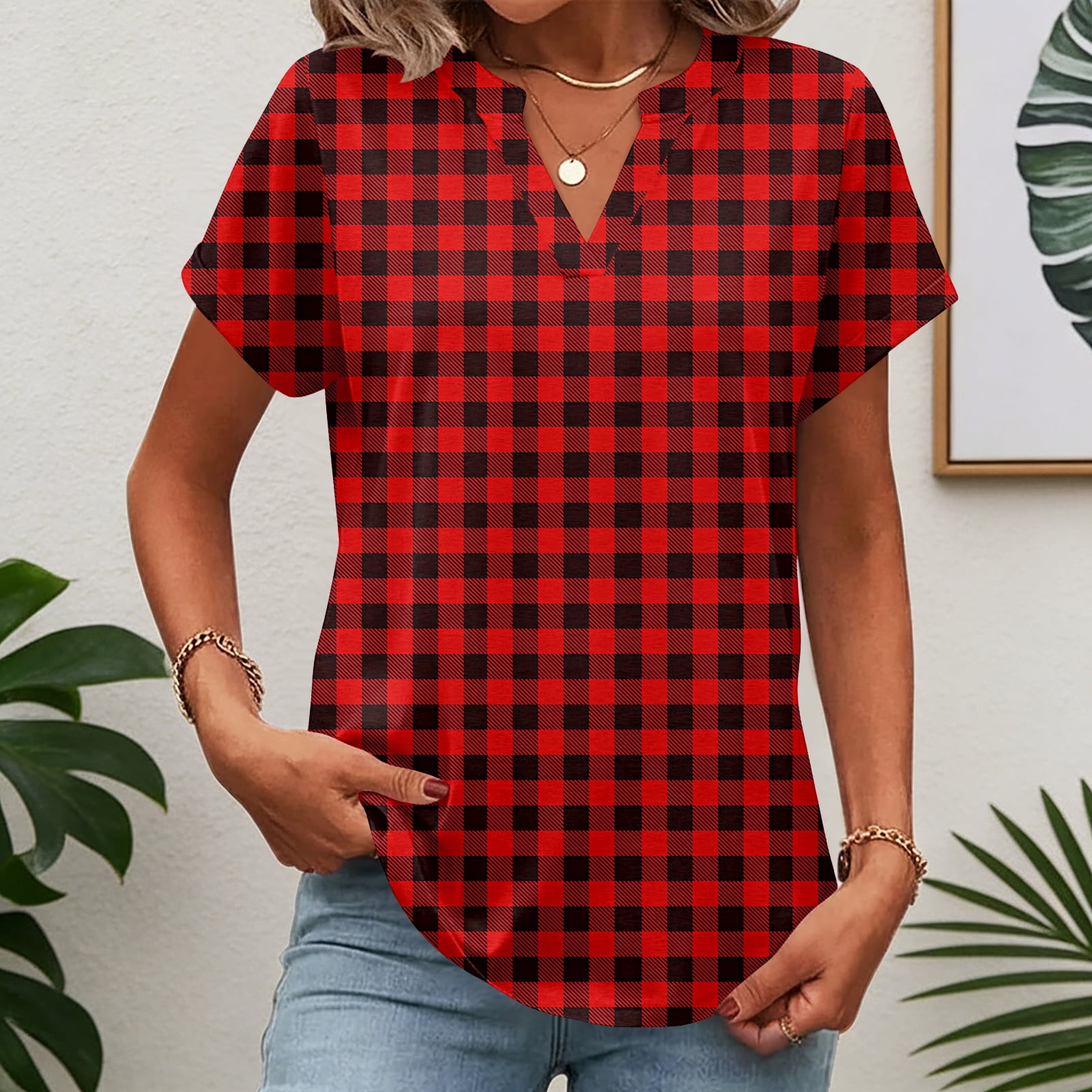 BOMYJESK Womens Shirts Short Sleeve Business Casual Basic Tops Plaid V ...