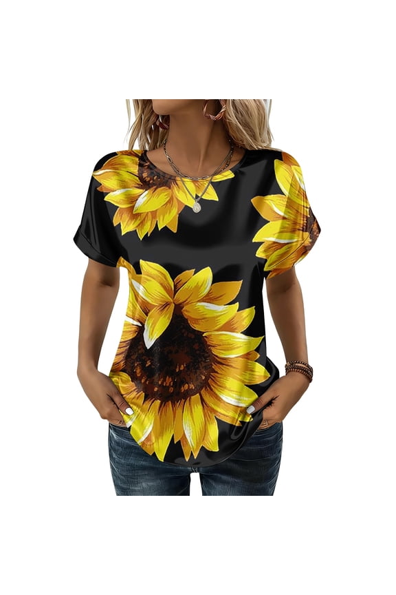 Womens T Shirts Crewneck Short Sleeve Stain Going Out Tops Business Casual Fashion Sunflower Print Blouses Summer Loose Basic Tees Top Yellow XXL